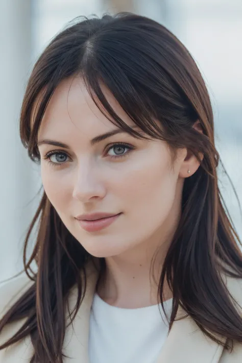 a close up of a woman with long hair wearing a white shirt