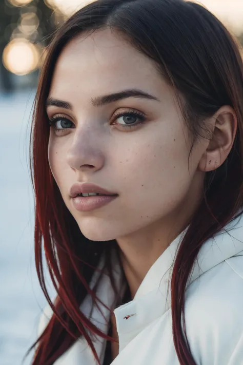 a close up of a woman with long red hair and a white shirt