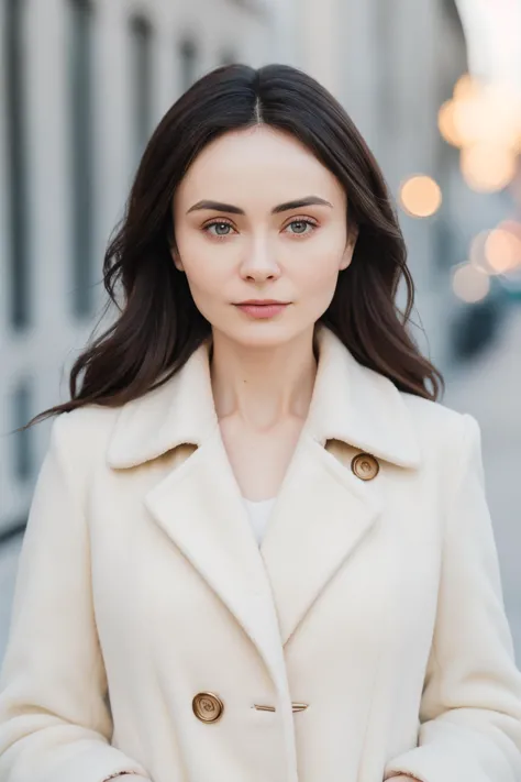 a woman in a white coat standing on a sidewalk