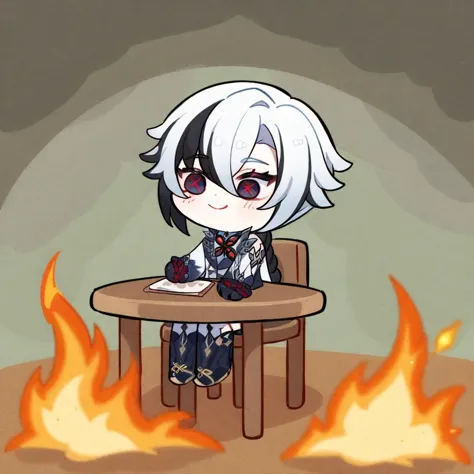 fire, sitting, smile, chibi, table, chair, arlecchino \(genshin impact\), masterpiece, best quality, <lora:arlecchino_xl:1>, <lo...