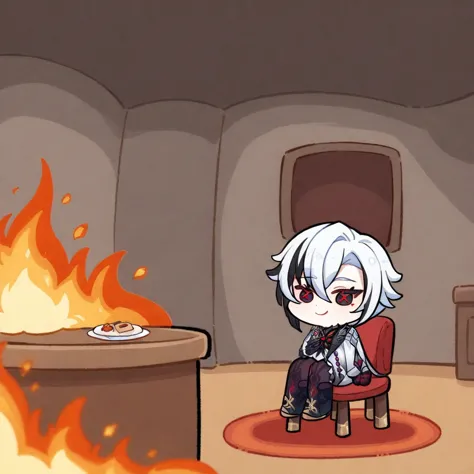 burning room, fire, sitting, smile, chibi, table, chair, arlecchino \(genshin impact\), masterpiece, best quality, <lora:arlecch...