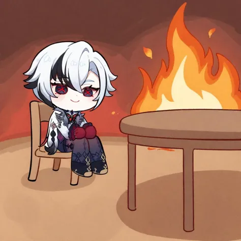 burning room, fire, sitting, smile, chibi, table, chair, arlecchino \(genshin impact\), masterpiece, best quality, <lora:arlecch...