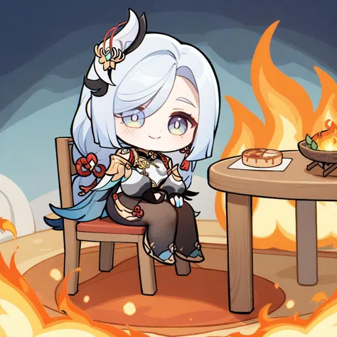 <lora:XL_this is fine(a3):1>,1girl,fire,sitting,smile,chibi,table,chair,shenhe \(genshin impact\),, masterpiece,best quality,