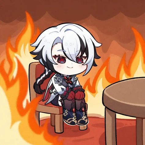 burning room, fire, sitting, smile, chibi, table, chair, arlecchino \(genshin impact\), masterpiece, best quality, <lora:arlecch...