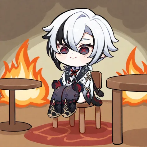 fire, sitting, smile, chibi, table, chair, arlecchino \(genshin impact\), masterpiece, best quality, <lora:arlecchino_xl:1>, <lora:XL_this is fine(a3):1>