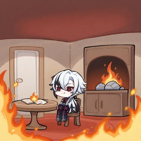 burning room, fire, sitting, smile, chibi, table, chair, arlecchino \(genshin impact\), masterpiece, best quality, <lora:arlecch...