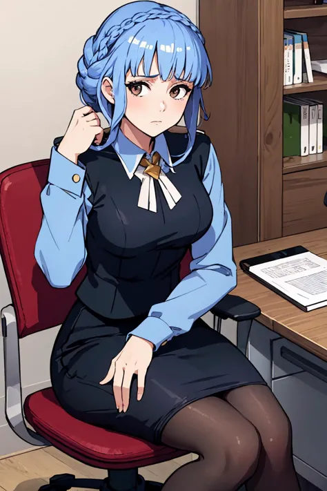 anime girl sitting in a chair in front of a computer