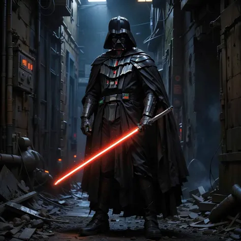 dart vader in a dark alley with a red light saber