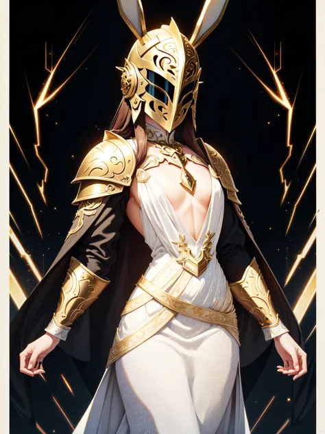 (((masterpiece, best quality, absurdres, highly detailed, intricate details, high resolution, realistic, 3d))), 1girl, solo, front view, ((close up)), full body, ((big breasts)), (((medium angle:1.3, chest level shot:1.7))), (((white helmet with golden patterned elements))), gorgeous, (((white royal dress:1.3))), extremely opulent, (((face is covered by closed symmetric knight's mask made out of patterned hyperdetailed golden elements))), ((small golden bunny ears on top front of helmet)), golden patterned earrings, high quality, ((brown hair)), hair peeking out on the sides of the helmet, (((covered chest))), opera, xianxia, atmospheric, superiority, awe, dark, rim lighting, two tone lighting, dimly lit, low key, reflections on metal, glare, optical flares, chromatic abberation, sparks, light rays,