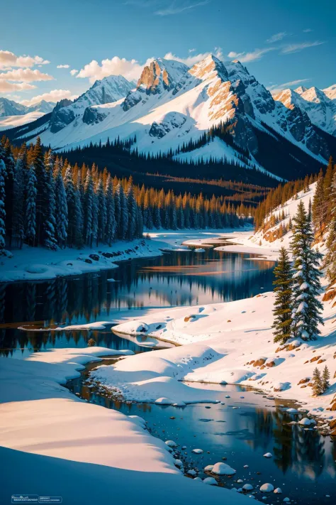 masterpiece, best quality, ultra-detailed, (RAW photo, realistic, photo),  snowy covered mountains, frozen lake, light rays, hdr...