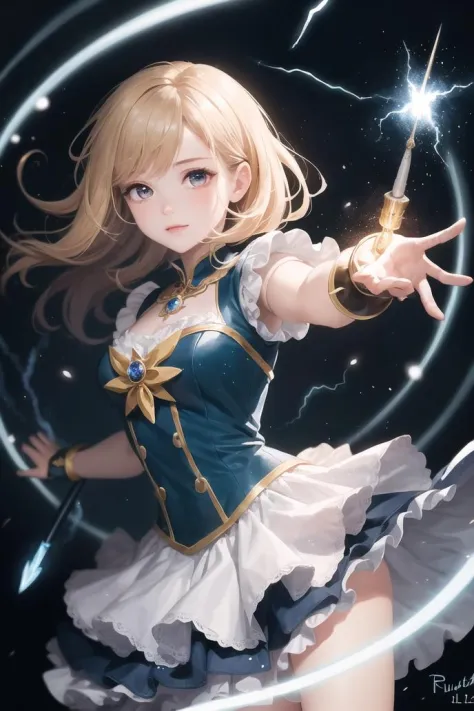 (masterpiece, light effects, light particles, dynamic lighting, finely detailed: 1.2), 1girl, fantasy, Magical Girl Costumes, ruffled dress, magic wand, magic circle, dynamic angle, frying, simple background, thunderbolt, lightning ,