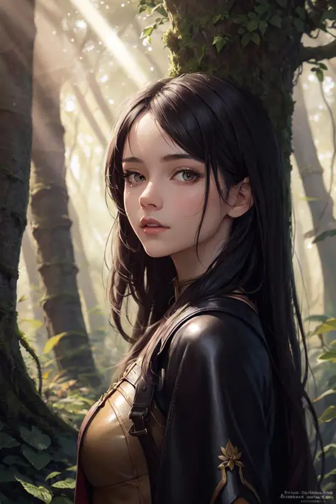 hermosa niña druida de una historia de fantasía de pie en un bosque iluminado por un rayo de sol, cuero de fantasía, tela, ropa, Estilo épico, renderizado de octanaje, composición del bosque, Hermoso rostro, Híper realista, óleo sobre lienzo, Premiado, obra maestra, tendencia en artstation, por Estudio Ghibli