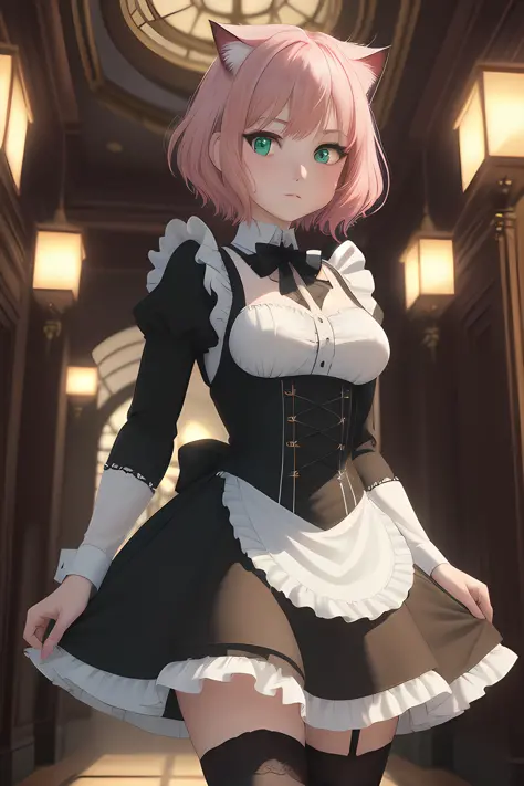 ((masterpiece)), ((best quality)), (anime), ((ultra-detailed)), ((detailed face)), (cinematic lighting), (illustration), (beautiful detailed eyes), (1girl), full body, looking at viewer, depth of field, short pink hair, green eyes, black maid uniform, medium breasts, large ass, black nylon tights,