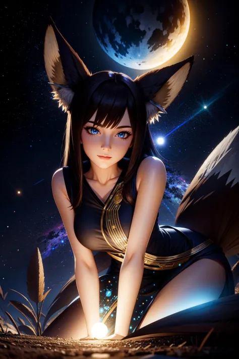 (masterpiece, extremely detailed), (realistic eyes, realistic pupils), mushroom moon, factorial, iridescent dress, glowing stars, digital illustration, fractale, glowing stars, defraction spikes, chromatic aberration, bloom AND (glowing, holofoil:0.6), yellow eyes, fox ears, fox tail, fox girl, mature, half-closed eyes, dark hair, 
[by ShereKhanRomeo:0]