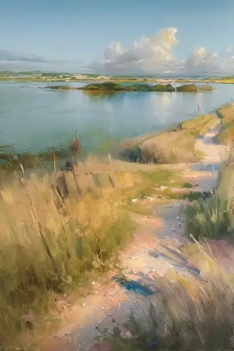 (masterpiece, realistic:1.3),
 estuary, sky, reeds, landscape, oil painting, detailed, 4k texture, 