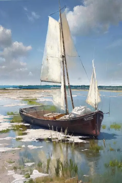 (obra maestra, Realista:1.3), ya, estepas, (lagos de sal secos:1.1), saladar, Secado de redes de pesca, paisaje, pintura al óleo, detallado, textura 4K, agosto