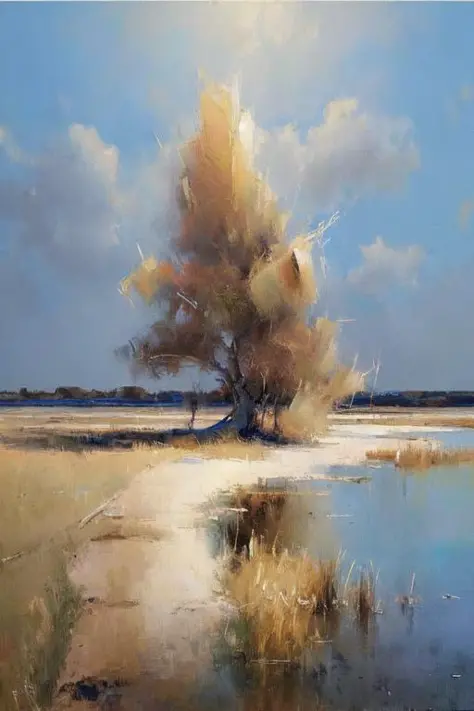 (masterpiece, realistic:1.3), reeds, steppes, (dry salt lakes:0.9),(withered tree:0.7), landscape, oil painting, detailed, 4k texture, August,