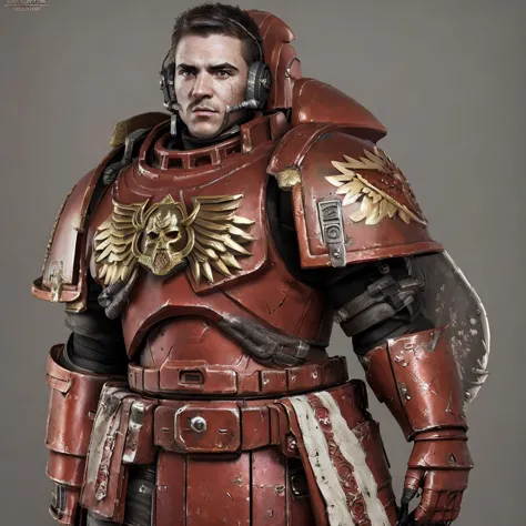 a close up of a man in a red and gold armor