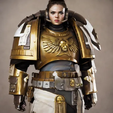 a close up of a woman in a gold and silver armor