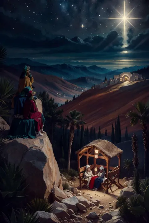 a painting of a nativity scene with a manger and three wise men