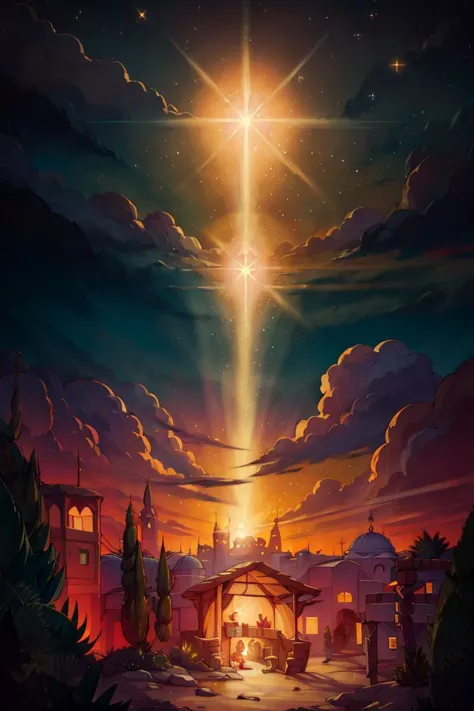 <lora:Merunyaa_Style_Dim32:0.8>, ((masterpiece,best quality)),  <lora:Star_of_Bethlehem:0.8>, Star_of_Bethlehem,  night sky, sta...