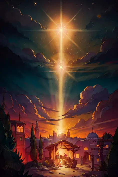 <lora:Merunyaa_Style_Dim32:0.8>, ((masterpiece,best quality)),  <lora:Star_of_Bethlehem:0.8>, Star_of_Bethlehem,  night sky, starry sky, glowing, small village