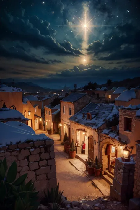 a view of a town with a full moon in the sky