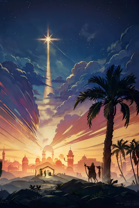 <lora:Merunyaa_Style_Dim32:0.8>, ((masterpiece,best quality)), absurdres, <lora:Star_of_Bethlehem:0.8>, Star_of_Bethlehem,  night sky, starry sky, glowing, outdoors, tree, building, green theme, palm tree, silhouette