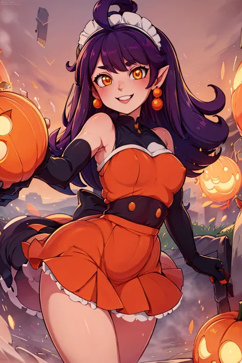 <lora:Merunyaa_Style_Dim32:0.8>, ((masterpiece,best quality)), absurdres, <lora:Stardust_Pumpkins_Citron_OC_Anime:0.8>, Stardust_Pumpkins_Citron_OC,  1girl, solo, long purple hair,  orange eyes, ahoge, pointy ears, orange dress, elbow gloves, bare shoulders, maid headdress, jewelry, earrings,  solo, smiling, looking at viewer, cowboy shot,   , ,