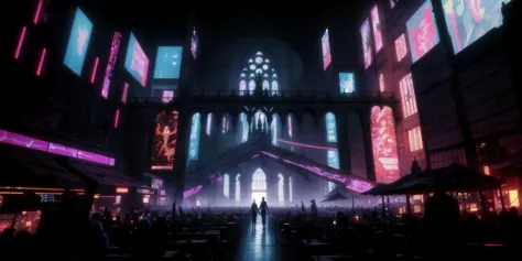 Generate a stunning (gothic architecture,  cyberpunk,  retro anime style:1.5),  a true [masterpiece] [best quality] of art.  [fo...