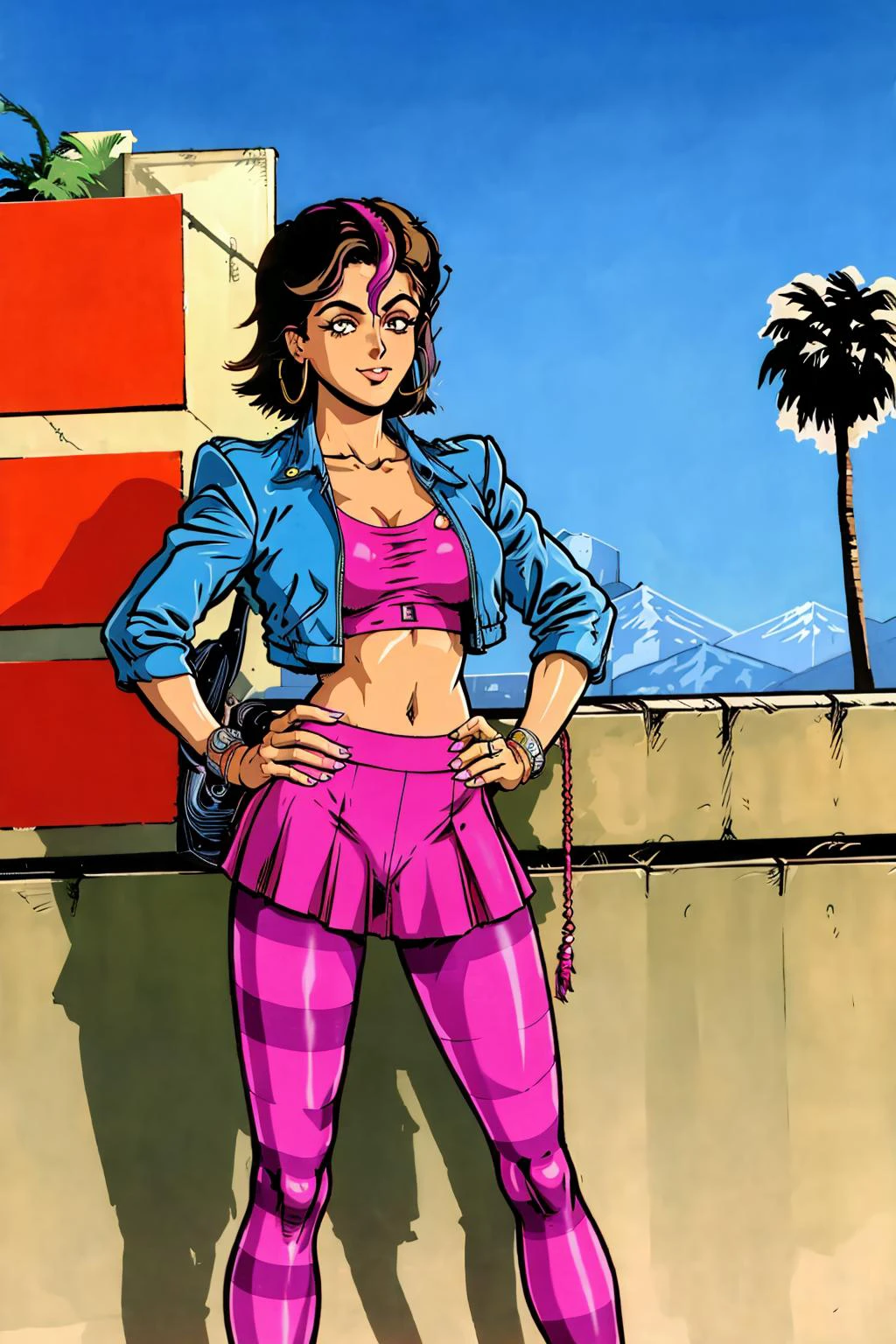 A cartoon of a woman in pink pants and a jacket - SeaArt AI