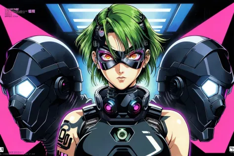 early 2000s style, front view, portrait anime illustration of a (alternative cyberpunk [Cyborg|Woman] with short military style ...