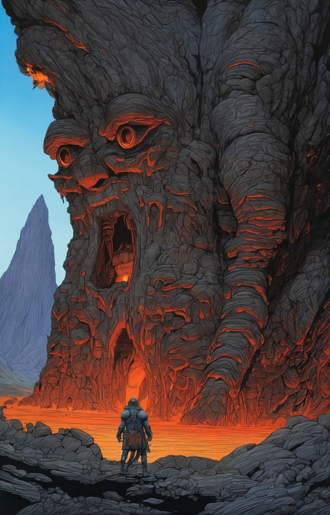 high fantasy aesthetics, highest quality, a dark and moody fantasy illustration of a giant fire ogre on a palace built on the rim of an active volcano with lava tubes and caves connecting the various chambers and halls, on a volcanic island featuring black sand beaches, lava flows, and steam vents, high quality, highly detailed, 4k, 8k, by Moebius and by Michael Whelan