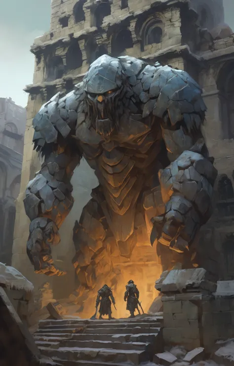 high fantasy aesthetics, highest quality, a dark and moody fantasy illustration of a goliath ice Golem on a palace hidden beneath the rubble of an abandoned city with secret passages and hidden rooms waiting to be discovered, featuring crumbling ruins and overgrown streets, high quality, highly detailed, 4k, 8k, by Dave Dorman and modern art by Kyu Yong Eom