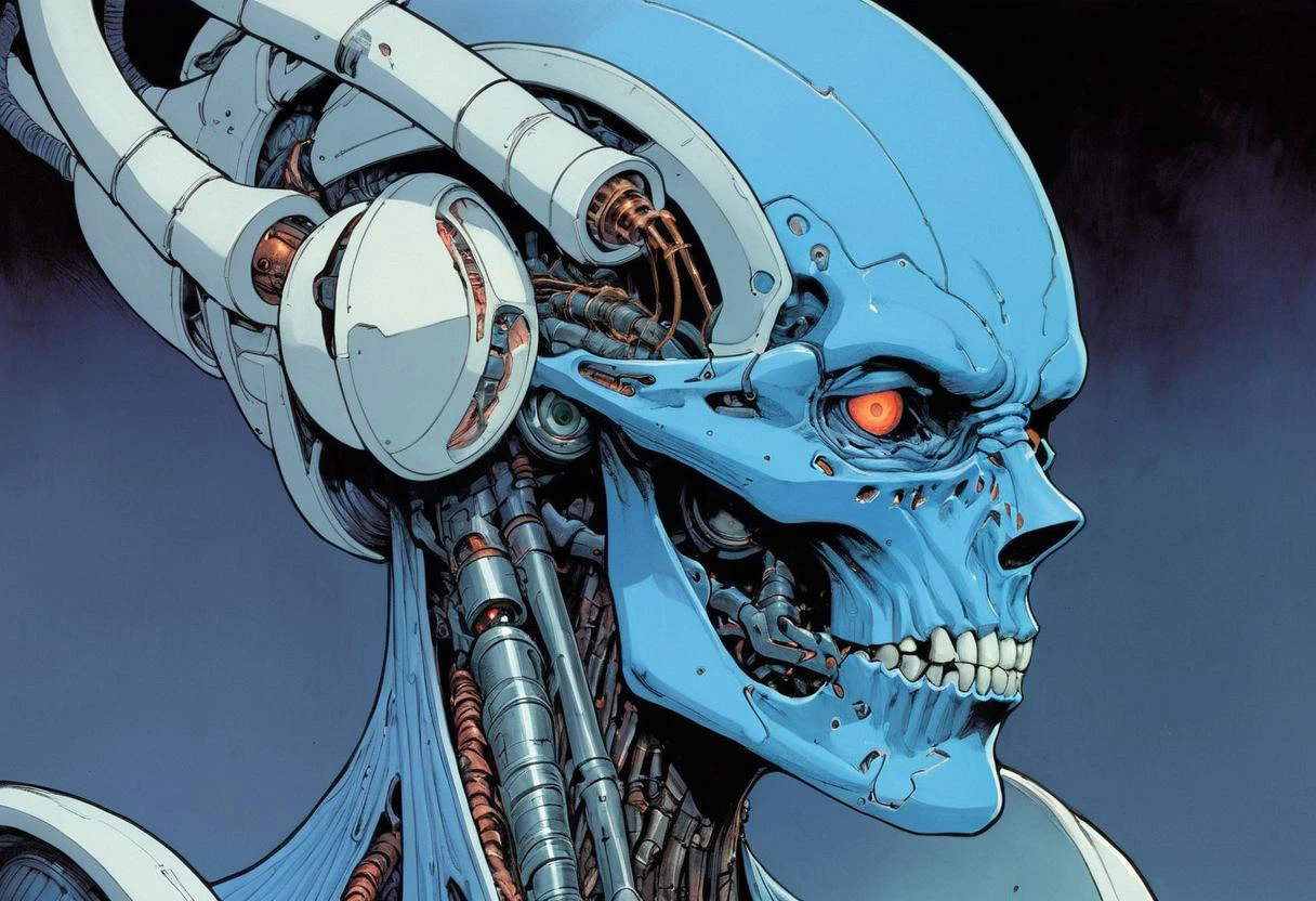 biomechanical enmity, female features, blue skin, biomechanical parts, evil, mechanical eyes, 
by Moebius