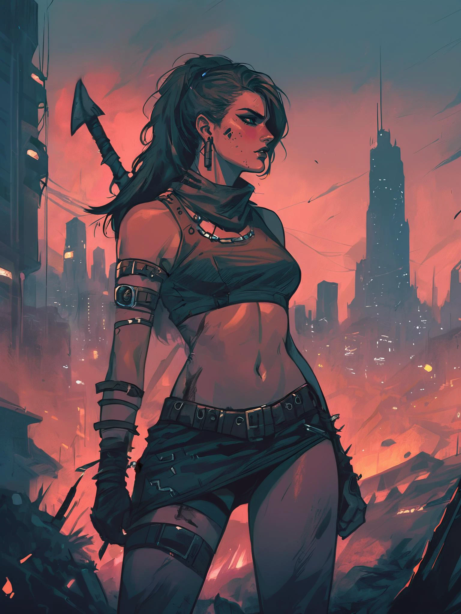 highest quality drawing, futuristic 80s style city in background and close up beautiful fantasy barbarian woman, post apocalyptic style, grim atmosphere, textured