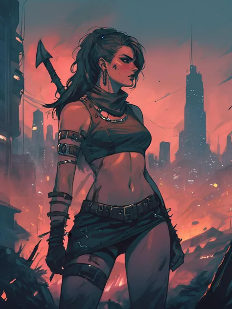 highest quality drawing, futuristic 80s style city in background and close up beautiful fantasy barbarian woman, post apocalypti...