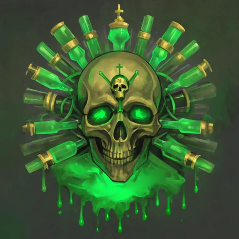 a skull with green eyes surrounded by bottles and a cross