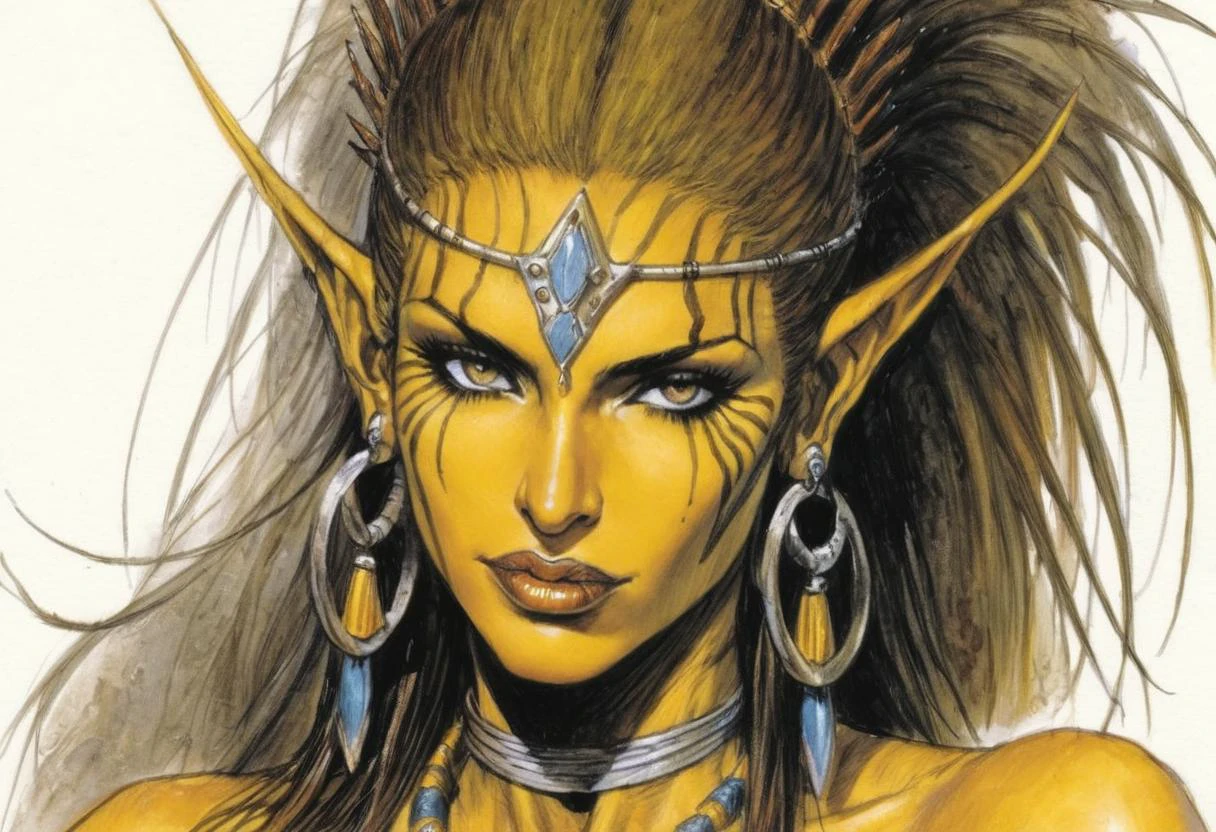 Femme Githyanki, Donjons & dragons, peau jaune, Visage détaillé, portrait, 
Par Luis Royo