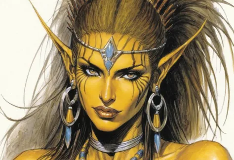 Githyanki woman, dungeons & dragons, yellow skin, detailed face, portrait, 
by Luis Royo