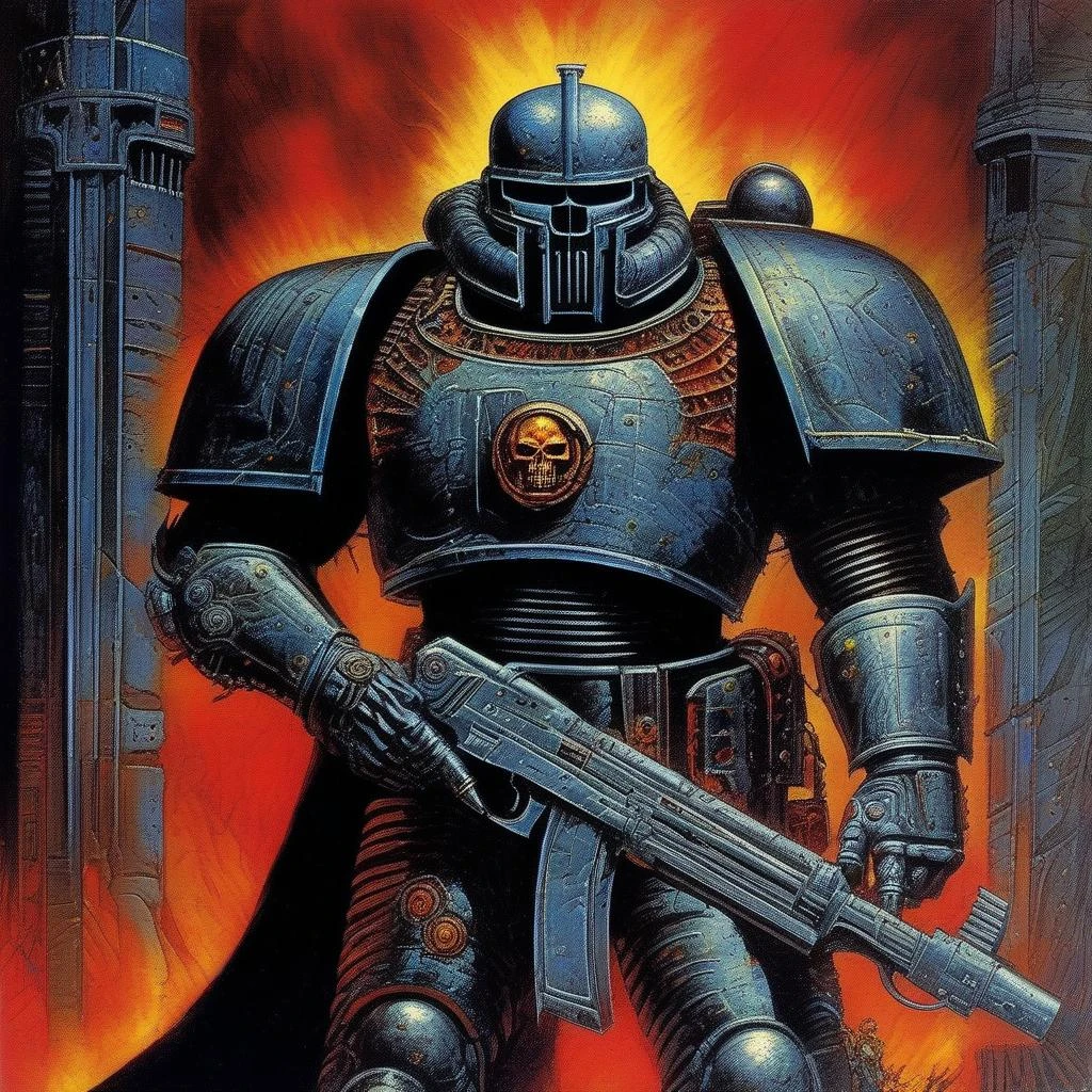 Meisterwerk, (40k Konzeptkunst), (Grauer Ritter Terminator), [Weltraummarine], Epos, Brutalismus, sehr detailliert, RPG-Artwork, Warhammer, Aktionspose, Öl auf Leinwand, grimdark, Kräftigen Farben, von Philippe Druillet