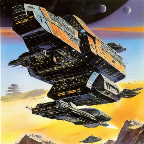 BAStyle, highest quality, a sci-fi illustration of a spaceship, complex, RPG artwork, by Chris Foss