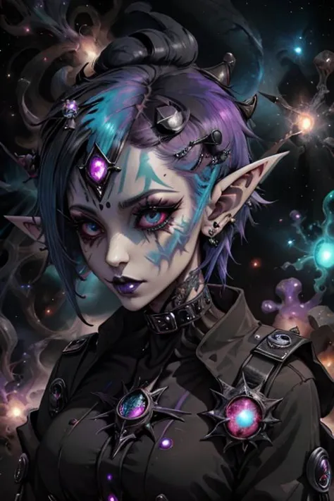 (gothic elf  girl: 1.3), eyeliner, makeup, tattoos, two colored hair, detailed background, nebula, intricate details, masterpiec...