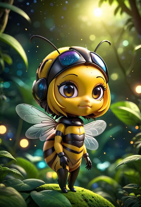 close up angle of, , ((),(3d bee) surrounded by jungle( ) , insect, detailed focus, deep bokeh, beautiful, , dark cosmic background. Visually delightful , 3D,more detail XL,chibi