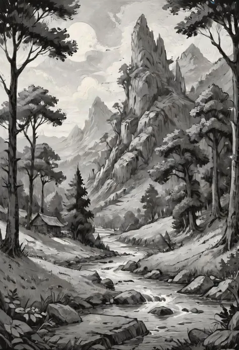 paint artbook style, pencil drawing, landscape in black and white