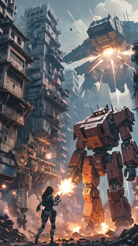 a woman standing in front of a giant robot in a city