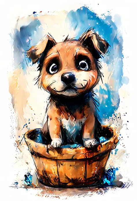 impactful color paint of cute drawing of a puppy in a wicker basket, sofa, pillows, highly detailed,  8k,   sharp,  professional...
