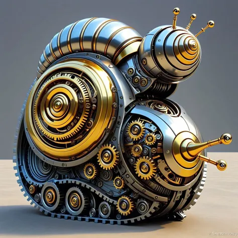 there is a metal snail with gears and wheels on it