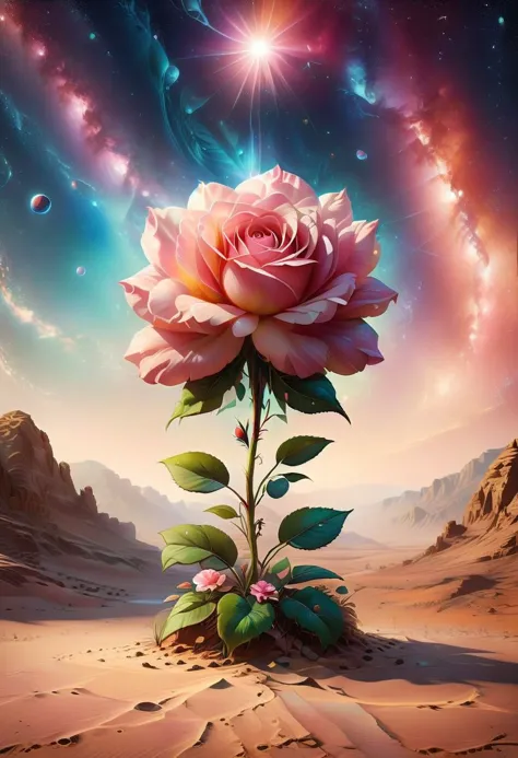 a pink rose in the desert with a star in the background