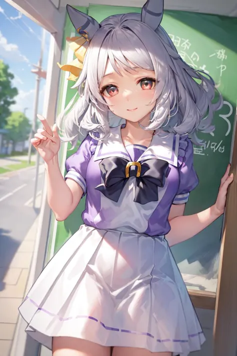 anime girl in a short skirt and cat ears standing in front of a chalkboard